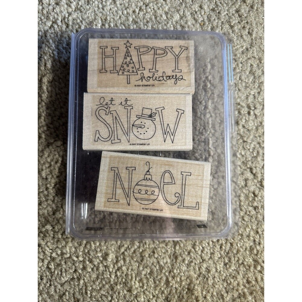 2007 Stampin Up Big On Christmas Set Of 3 Wood Mounted Rubber Stamps